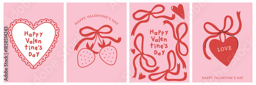Happy Valentine's day greeting card with cute heart and bow. Red ribbon for love holidays season banner and background. -Vector