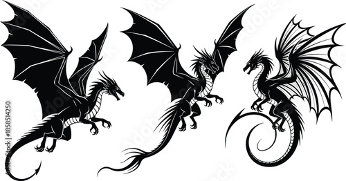 Black dragon silhouette set mythical flying creature icons collection flat vector isolated on white background art