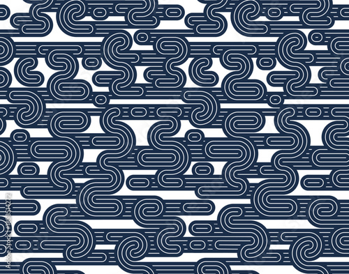Funky lines seamless pattern, vector abstract geometric background with parallel and curvy lines, Asian style tiling wallpaper.