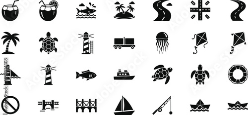 Summer travel and marine vector icons set, coconut drink, shark, turtle, lighthouse, jellyfish, kite, sailboat, fishing rod, and paper boat silhouettes, black isolated,