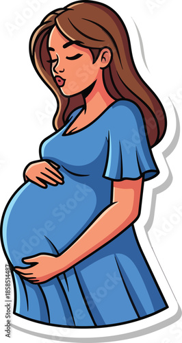 A pregnant woman in a blue dress gently touches her belly with care and love.