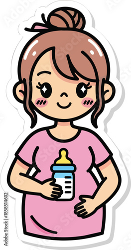 A cartoon girl happily holds a baby bottle, smiling warmly in a pink shirt.