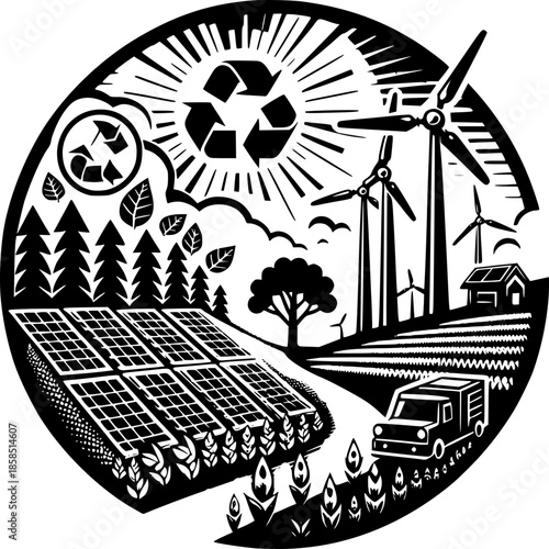 Sustainable Energy Eco-Illustration: An inspiring illustration depicts a harmonious ecosystem embracing renewable energy sources and environmental preservation.