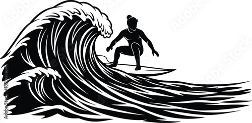 Surfer riding big ocean wave vector illustration, extreme water sports icon, black sea surf silhouette, isolated aquatic adventure graphic, tropical vacation,