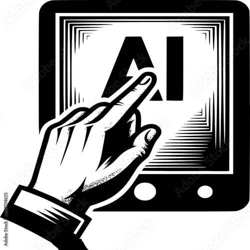 AI Interaction: A graphic illustration of a hand interacting with a tablet interface, pointing at the letters AI