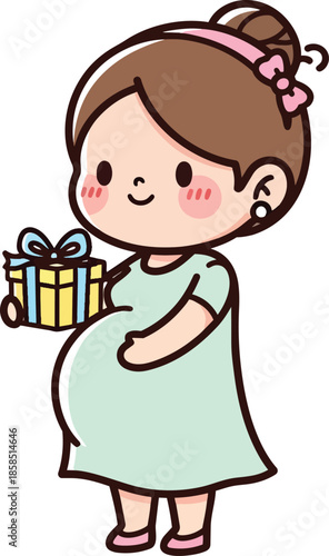Pregnant woman holding gift box with bow in her hand happily