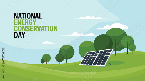 National Energy Conservation Day illustration with solar panel in green landscape promoting sustainable power renewable energy efficiency and eco friendly environmental awareness