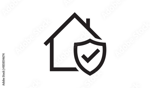 Residential security icon with house outline and protective shield with checkmark