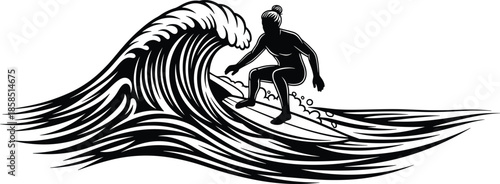 Surfer riding powerful ocean wave vector illustration, extreme water sports icon, black sea surf silhouette, isolated aquatic adventure graphic, tropical beach vacation,