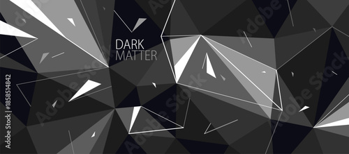 Dark black monochrome greyscale polygonal abstract background with 3D triangular surface and flying debris particles in motion, explosion force abstraction.