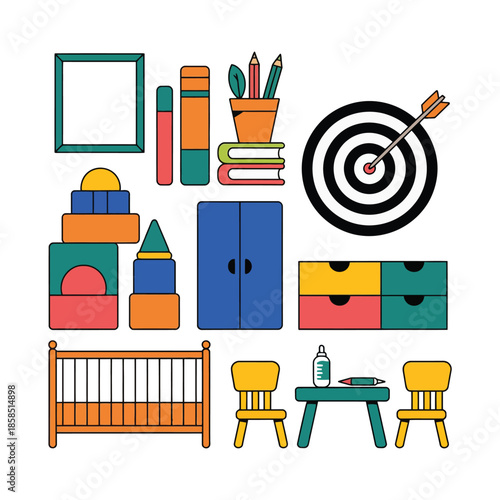Colorful children playroom interior vector with furniture toys and education icons