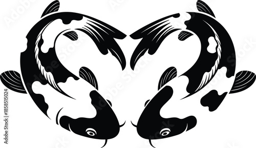 Two koi carp fish forming heart shape vector illustration, Japanese pond animal silhouette, black aquatic nature graphic, isolated oriental love symbol design,