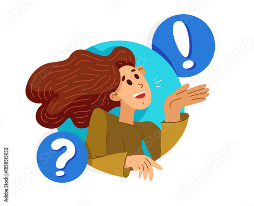 Young person talking online from a speech bubble, vector illustration of a conversation with accent on one-person trainer or mentor, online dialog, video speaker, social media commentator.