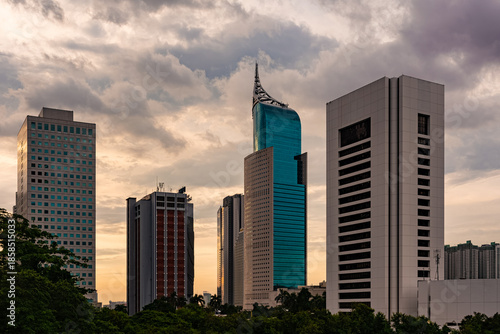 View of Jakarta's Central Business District at dusk (blue hour). Jakarta cityscape at sunset.
