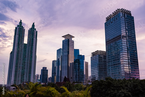 View of Jakarta's Central Business District at dusk (blue hour). Jakarta cityscape at sunset.