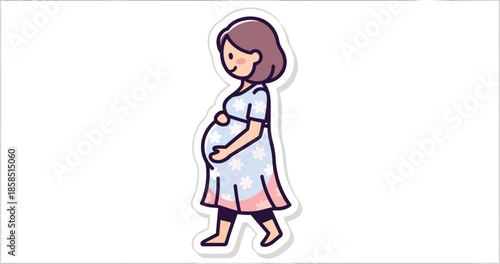 Pregnant woman in dress walks alone with brown hair and white stars