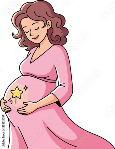 Pregnant woman in pink dress smiling with hands on belly with a star