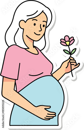 Pregnant woman holding flower smiling happily