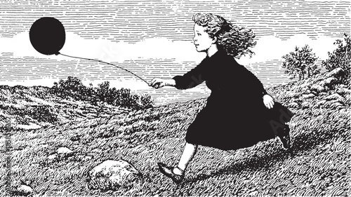 Girl running in a field, holding a black balloon. Vintage monochrome vector illustration depicting a carefree moment in nature.