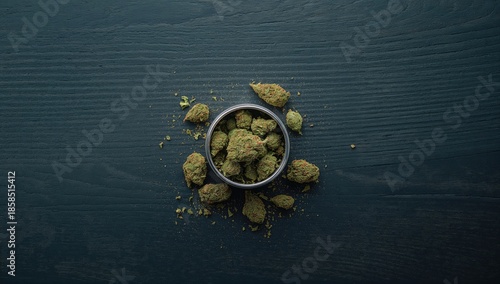 Marijuana grinder and fresh cannabis on dark wood, highlighting legal status of CBD and THC, drug regulation awareness