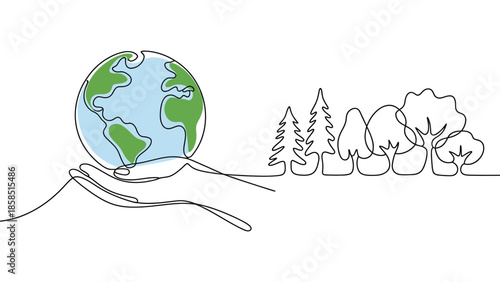 Environmental conservation line art illustration with human hand holding earth and trees symbolizing nature protection sustainability eco friendly future isolated on white background