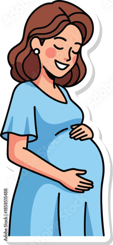 Pregnant woman in blue dress smiling and touching her belly happily