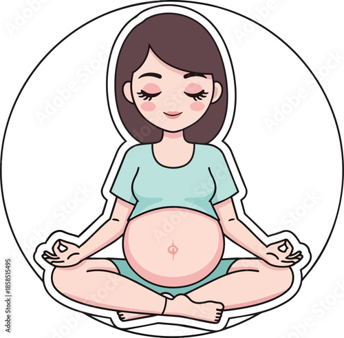 Pregnant woman meditates peacefully in lotus position with eyes closed.