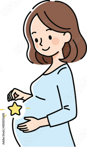 Pregnant woman smiling with hands on belly and a glowing star