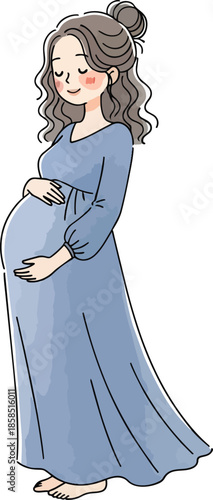 Pregnant woman in blue dress smiling gently holding her belly with love