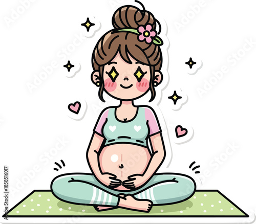 Pregnant woman sitting cross-legged on a green mat with hearts and stars