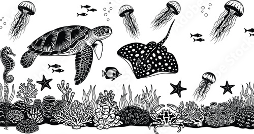 Underwater marine life panorama, coral reef ecosystem with sea turtle, stingray, jellyfish, seahorse and tropical fish silhouettes, black vector aquatic wildlife illustration,