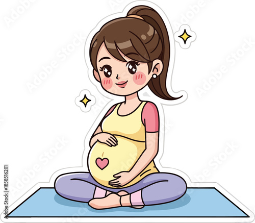 Pregnant woman sits on a yoga mat with hands on belly.