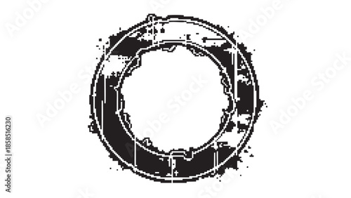 A circular illustration of a mechanical component viewed from the front, showcasing intricate details and textures in a monochromatic style