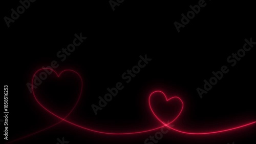 Two red glowing neon heart shapes created by a continuous light line on a black background, representing love and connection.