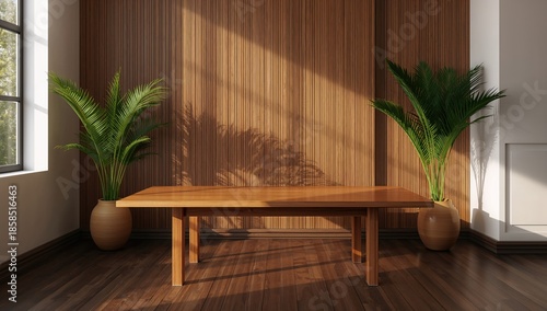 Fine wooden surface arranged for showcasing products against a backdrop of tropical palm foliage and teak wall decor, suitable for retail displays