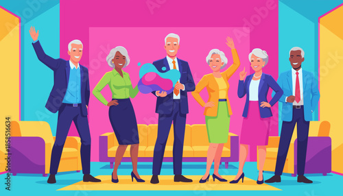 Diverse senior business group portrait with abstract art in a colorful modern office