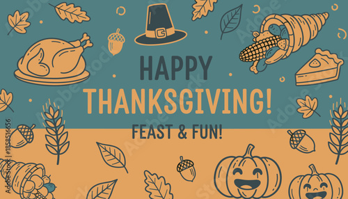 Happy Thanksgiving feast banner illustration Traditional turkey cornucopia pumpkin and fall harvest icons