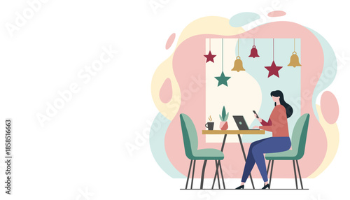 Professional woman working remotely on laptop and phone in a cozy cafe setting