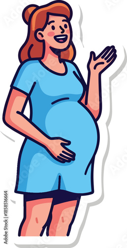 Pregnant woman in blue dress waving happily with one hand on her belly