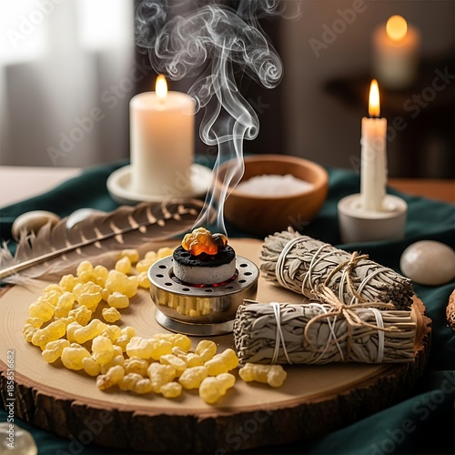 Spiritual Cleansing Ritual with Incense, Sage, and Frankincense for Purification and Meditation.