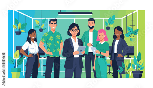 Diverse professional team collaborates in a sustainable modern green office setting