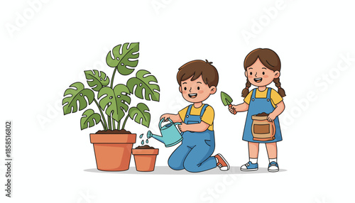 Happy children watering and planting a Monstera houseplant illustration