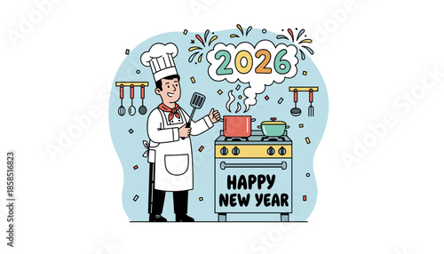 Chef celebrating New Year 2026 while cooking Festive illustration for holiday menus and greetings