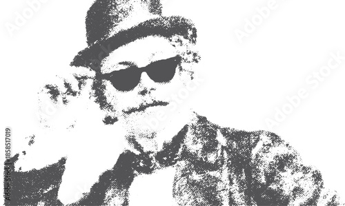 Man in a vintage outfit with sunglasses, showcasing an elegant appearance. This black and white vector illustration features a classic portrait style set.