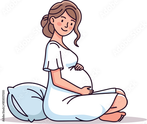 Pregnant woman sitting comfortably on a pillow with hands on belly in white dress