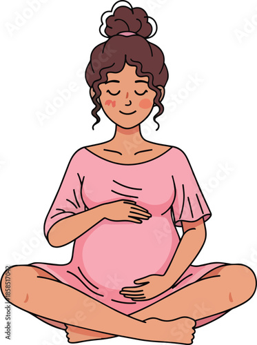 Pregnant woman meditates peacefully in lotus position wearing pink dress