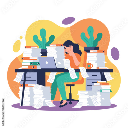 Overwhelmed employee buried in huge stacks of paperwork symbolizing work stress burnout and excessive workload