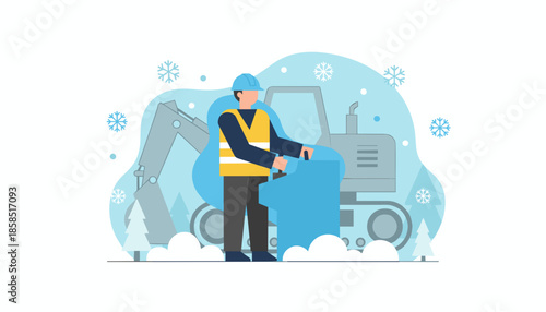 Flat illustration of a worker clearing snow with heavy machinery Winter maintenance and construction service