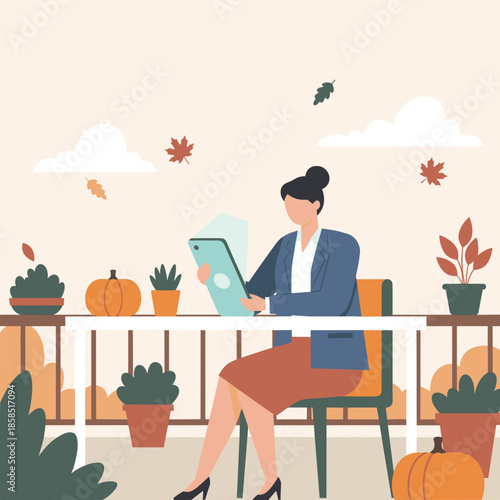 Professional woman uses a tablet on a cozy autumn balcony enjoying seasonal decor and remote work