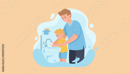 Dad teaches child hand washing hygiene in bathroom sink Cleanliness and care concept